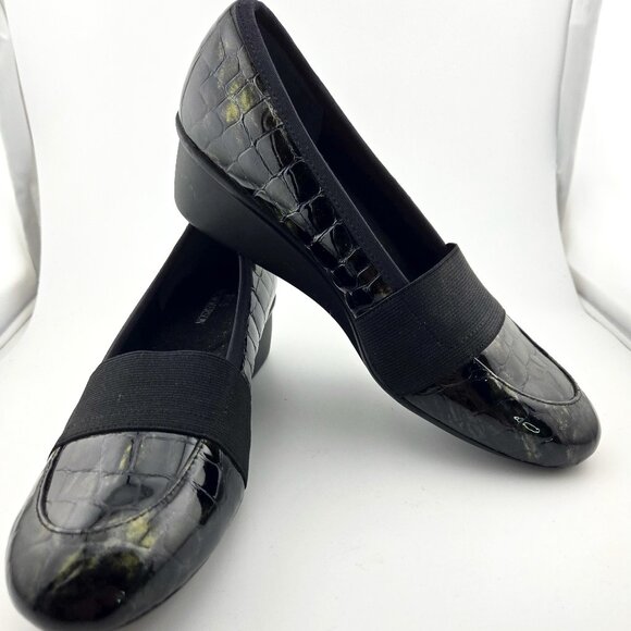 ✨ Ros Hommerson Erica Croc Patent Leather Wedge Loafers | Iridescent Black | Siz - Picture 1 of 14